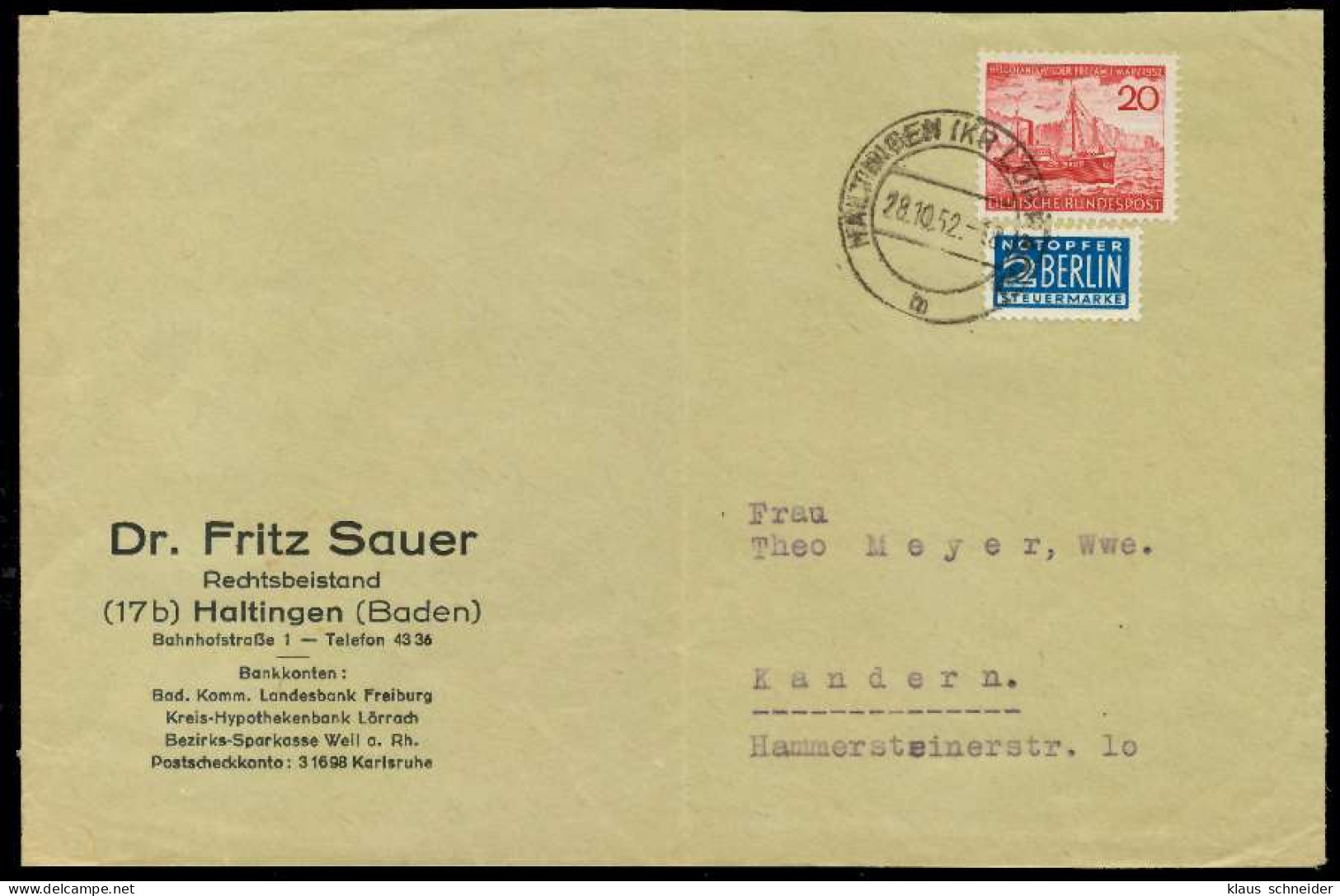 BRD 1952 Nr 152 BRIEF EF X78D596 - Briefe U. Dokumente