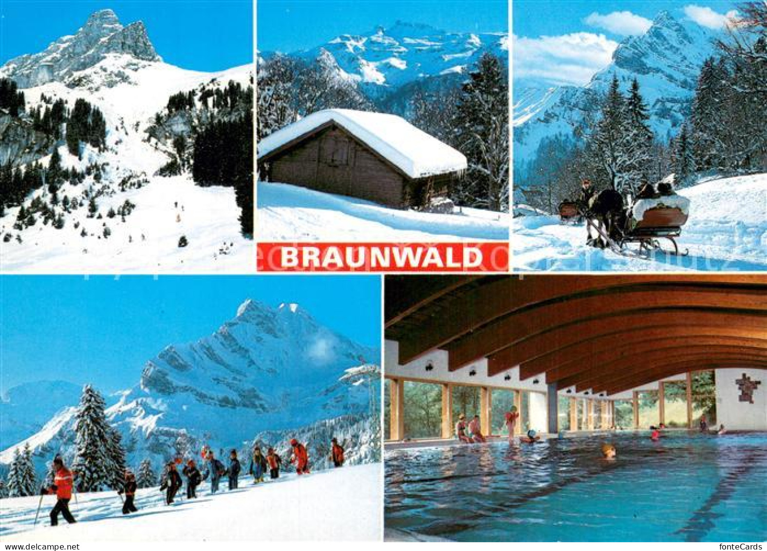 13738652 Braunwald GL Winterpanorama Pferdeschlitten Skiwandergruppe Hallenbad B - Autres & Non Classés