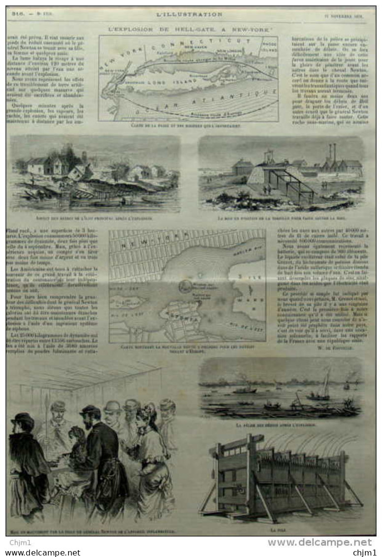 L'explosion De Hell-Gate à New-York - Page Original 1876 - Historical Documents