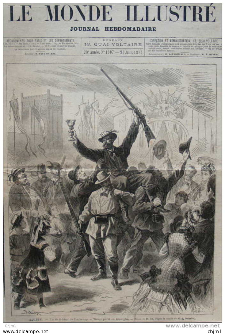 Suisse - Le Tir Fédéral De Lausanne - Tireur Porté En Triomphe - Page Original  1876 - Documents Historiques