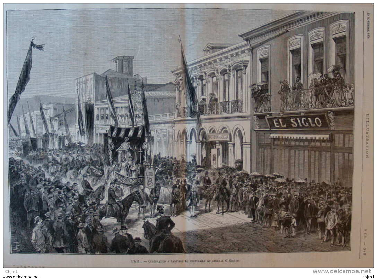 Chili - Célébration à Santiago Du Centenaire Du Général O'Higgins - Page Original 1876 - Documenti Storici