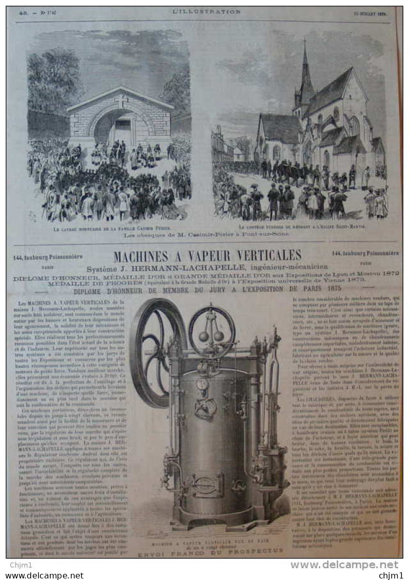 Le Caveau Mortuaire De La Famille Casimir Perrier - Machine à Vapeur Verticale - Page Original 1876 - Documentos Históricos