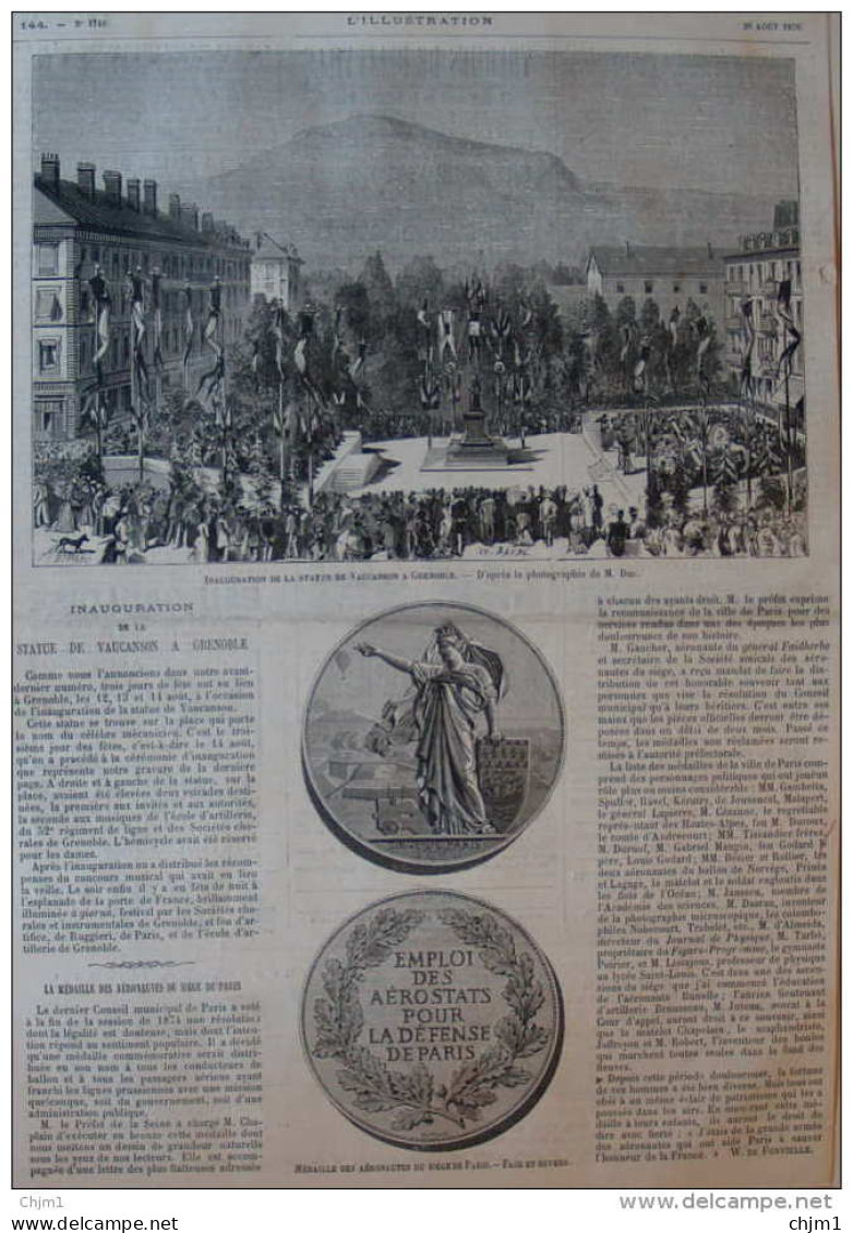 Inauguration De La Statue De Vaucanson à Grenoble - Médaille Des Aéronautes - Page Original 1876 - Documents Historiques