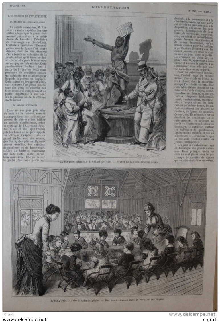 L'exposition De Philadelphie - Une école Primaire - Statue De La Libération Des Noirs  - Page Original 1876 - Historische Dokumente