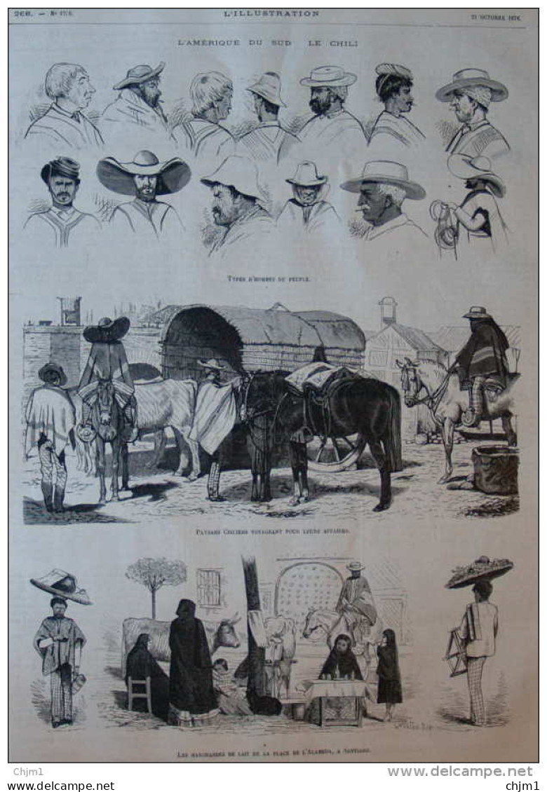 Les Marchands De Lait De La Place De L'Alameda à Santiago - Chili - Page Original 1876 - Historical Documents