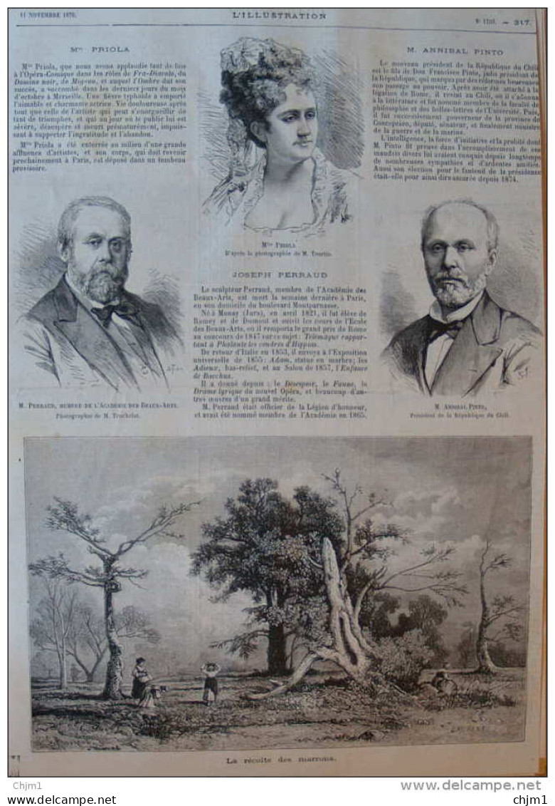 La Récolte Des Marrons - Mlle Priola -  Annibal Pinto, Président De La République Du Chili - Page Original 1876 - Documents Historiques