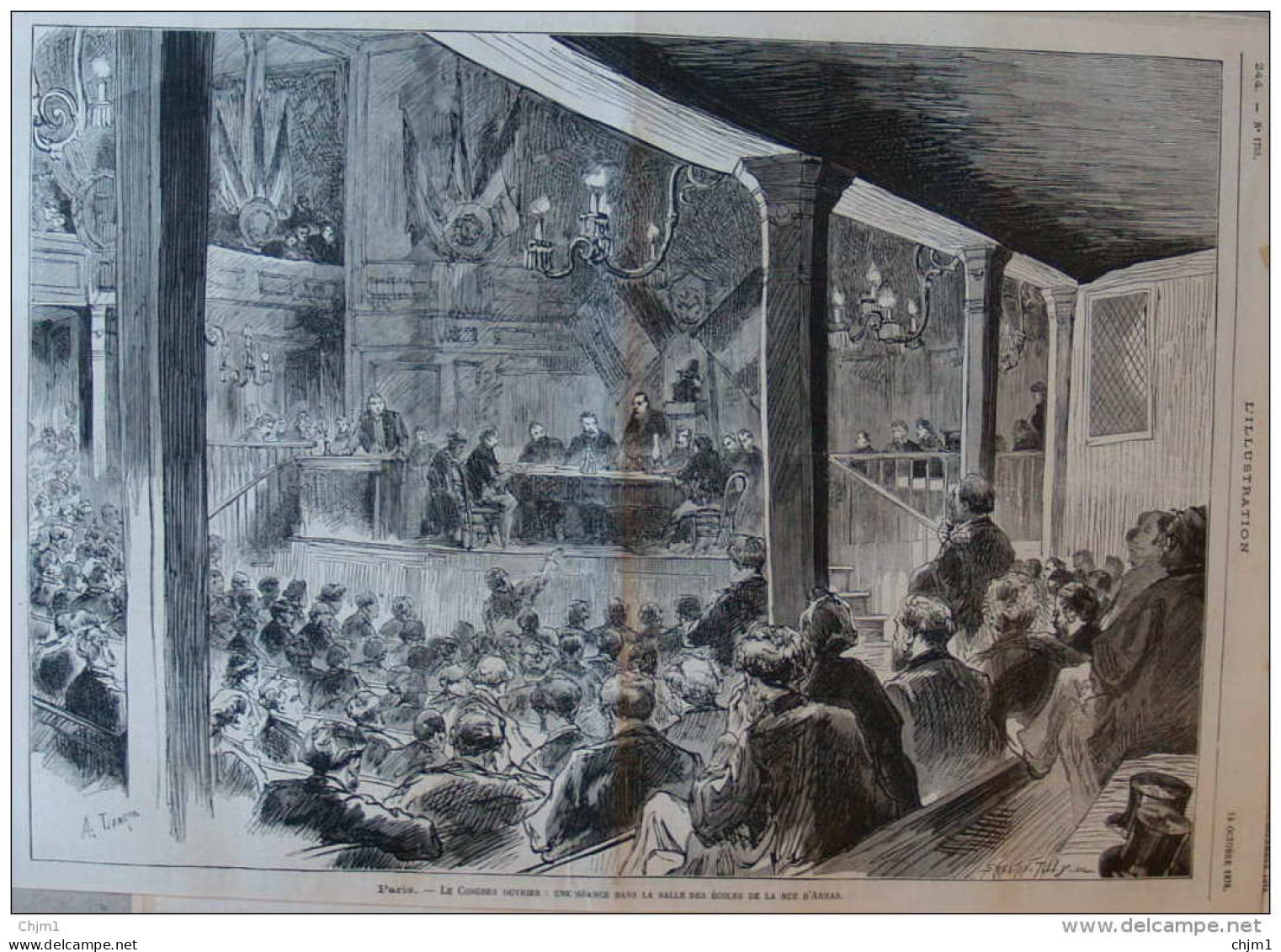 Paris - Le Congres Ouvrier: Une Séance Dans La Salle Des écoles De La Rue D'Arras - Page Original 1876 - Documents Historiques