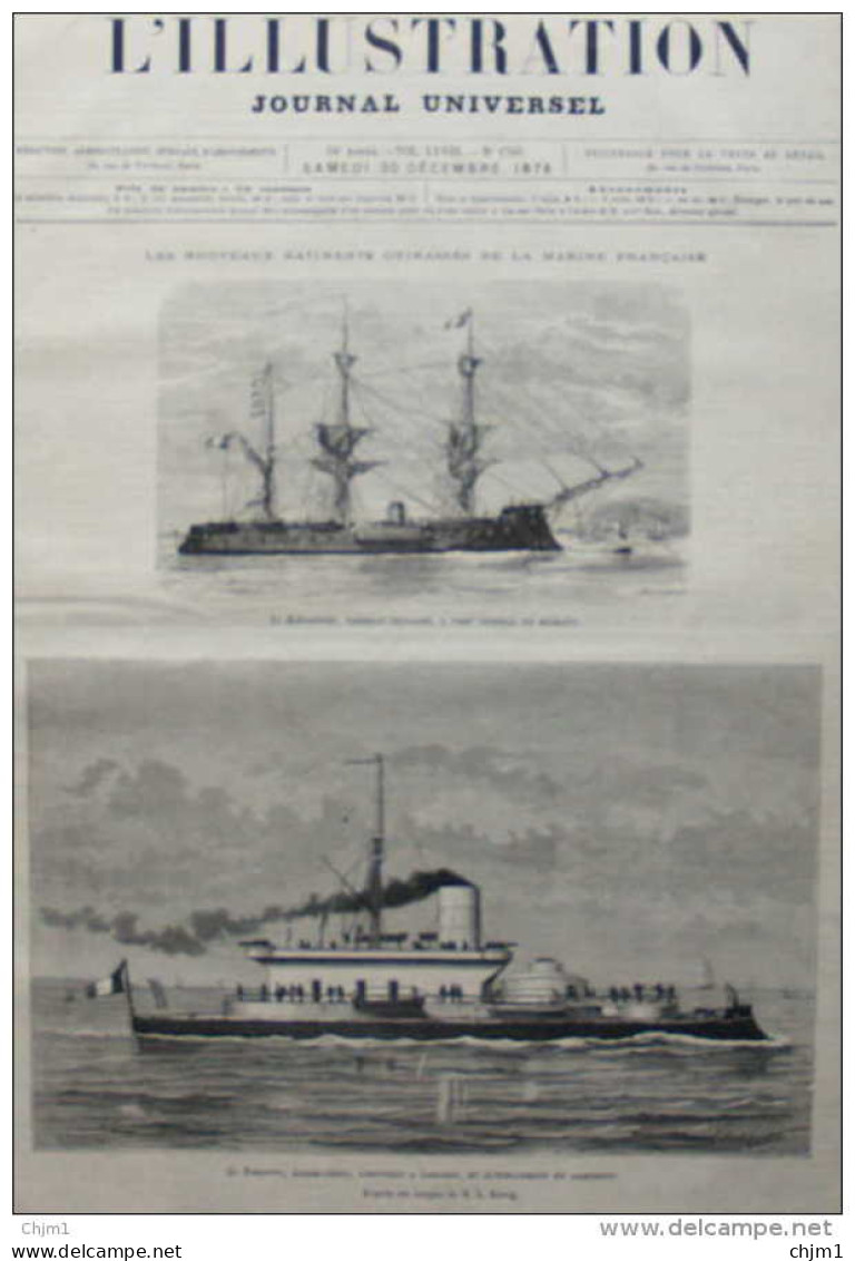 Les Nouveaux Bâtiments Cuirasses De La Marine Francaise - "Le Redoutable" - "Le Tonnerre" - Page Original 1876 - Documenti Storici