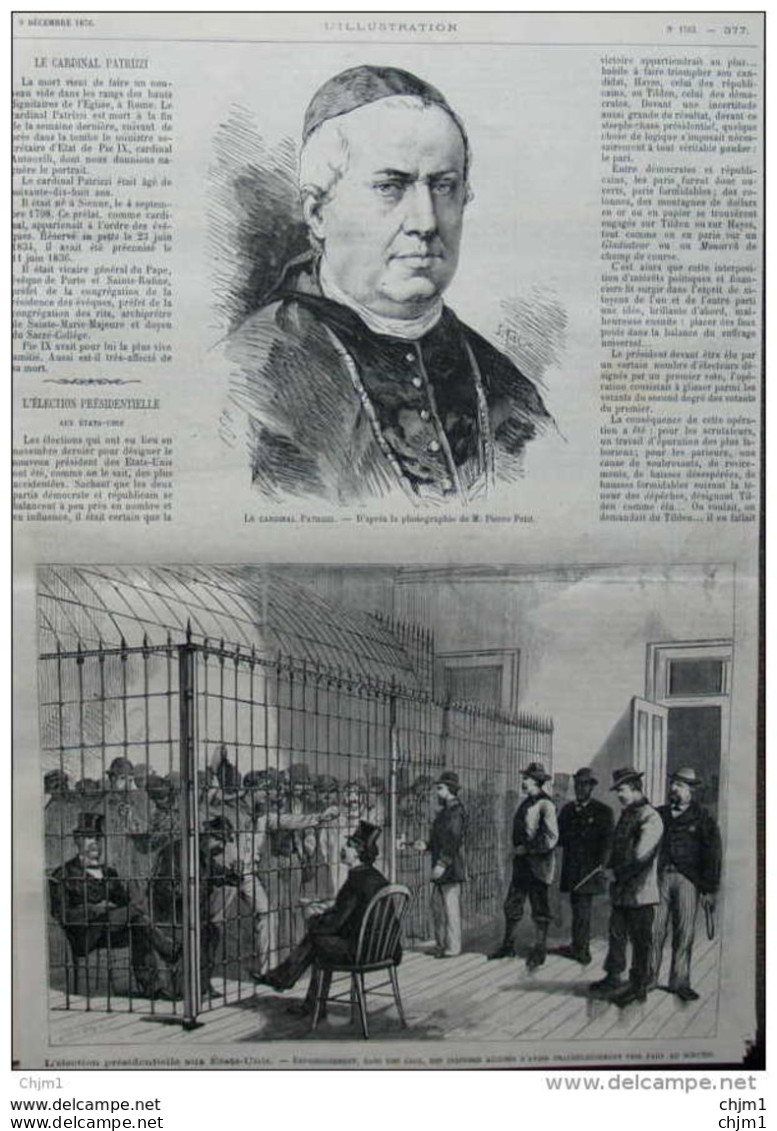 Le Cardinal Patrizzi - L'élection Présidentielle Aux États-Unis - Page Original 1876 - Documenti Storici