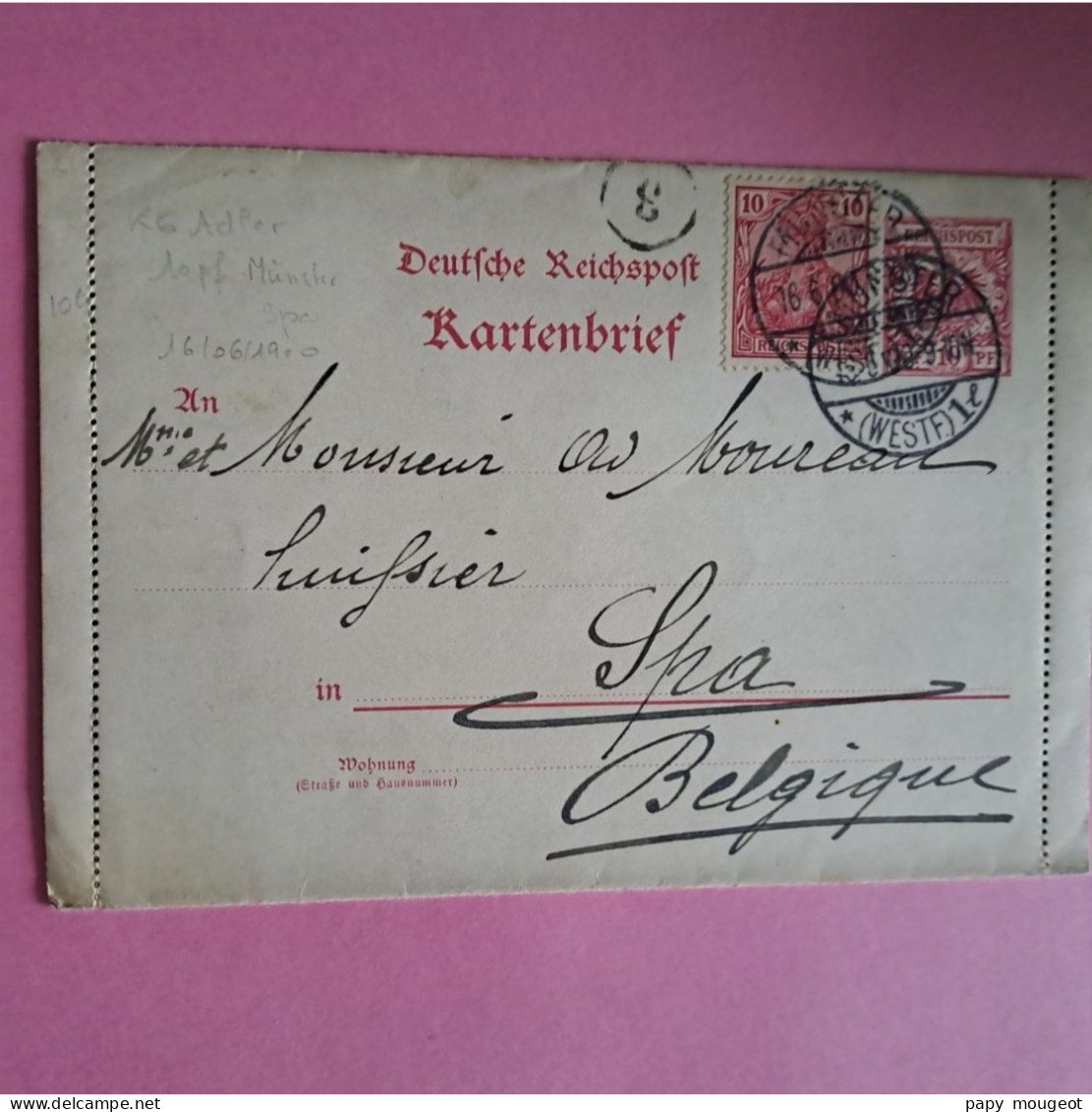 Kartenbrief 10 Pf De Münster Pour Spa (Belgique) 16-08-1900 - Enveloppes