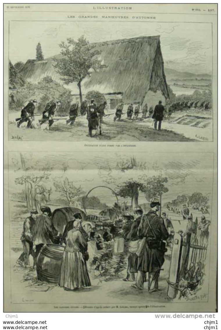 Les Grandes Manoueuvres D'automne - Les Cantines Civiles - Occupation D'une Ferme Par L'infanterie - Page Original 1876 - Documenti Storici