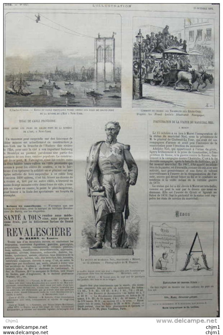 états-Unis - Essai Du Cable Provisoire Tendu Entre Les Files Du Grand Pont - Tramways Aux États-Unis- Page Original 1876 - Historische Dokumente