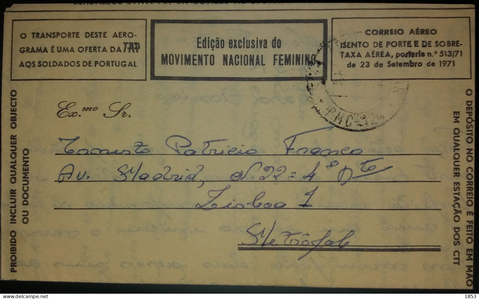 AÉROGRAMA - EDIÇÂO EXCLUSIVA DO MOVIMENTO NACIONAL FEMENINO - Storia Postale