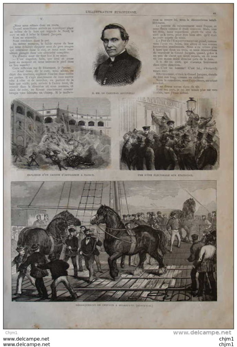 Explosion D'un Caisson D'artillerie à Madrid - Débarquement De Chevaux à Melbourne - Page Original 1876 - Historische Dokumente