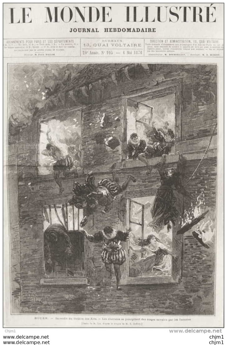 Rouen - Incendie Du Théâtre Des Arts - Les Choristes Se Précipitent Des étages Envahis - Page Original - 1876 - Documentos Históricos