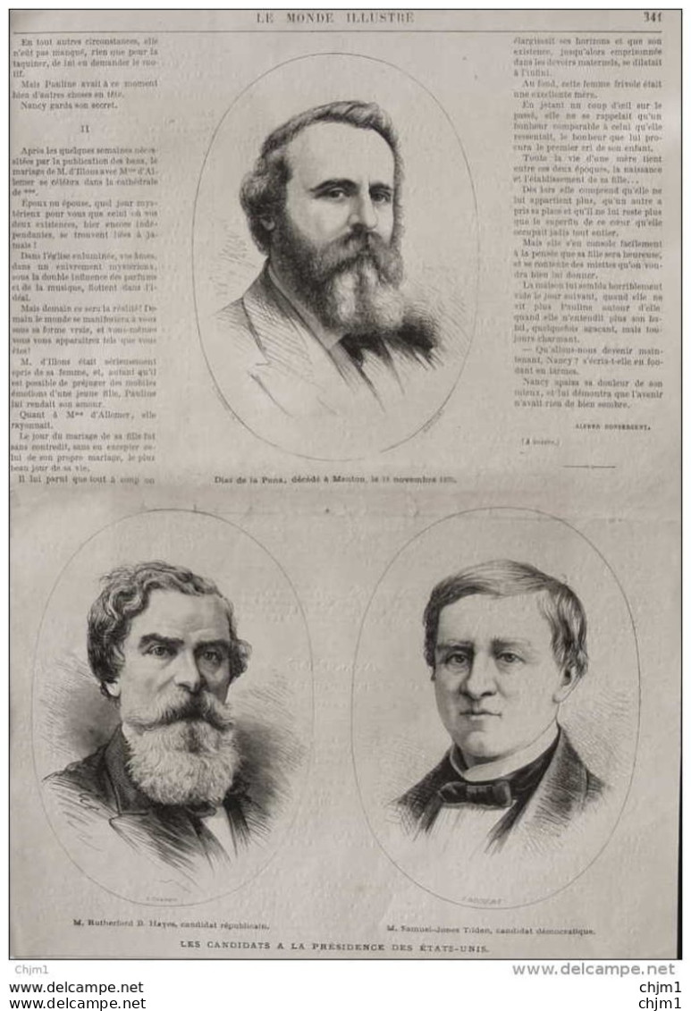 Diaz De La Pena, Décédé à Menton - M. Rutherford B. Hayes - M. Samuel-Jones Tilden -  Page Original - 1876 - Documenti Storici