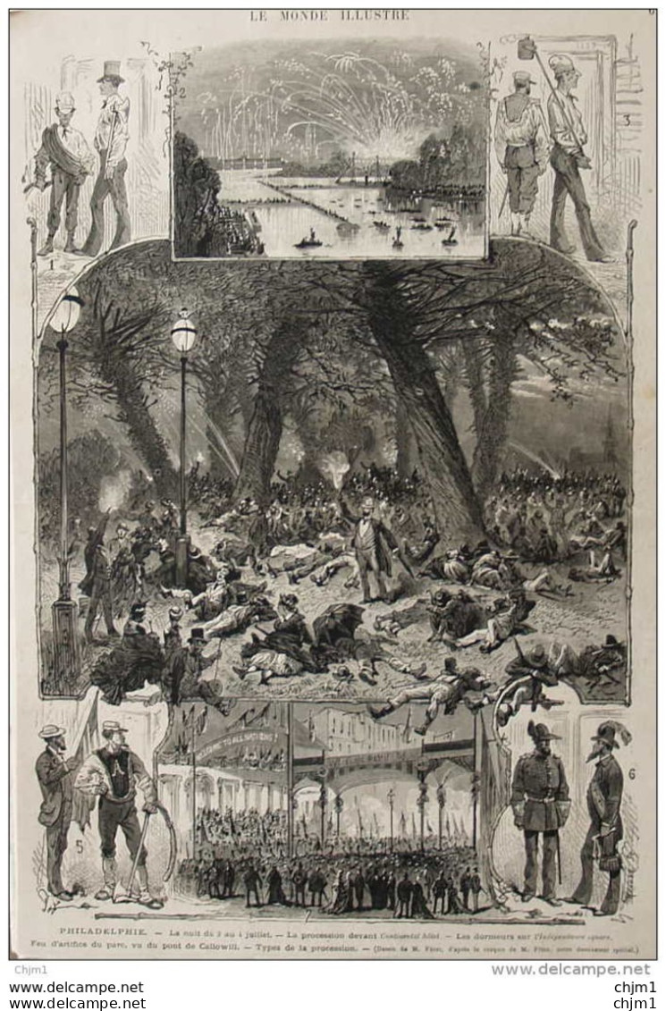 Philadelphie - La Procession Devant Continantal Hotel - Les Dormeurs Sur L'Indépendance Square - Page Original 1876 - Historical Documents