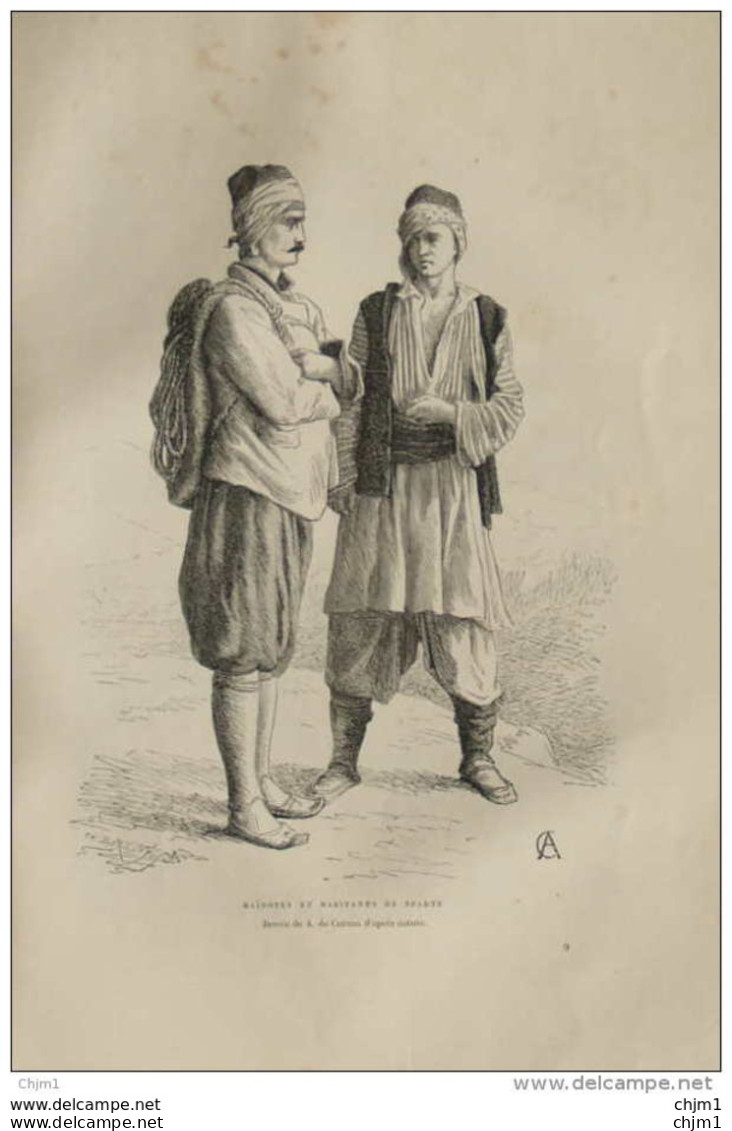Mainotes Et Habitants De Sparte - Dessin De A. De Courzon -  Page Original 1876 - Historische Dokumente