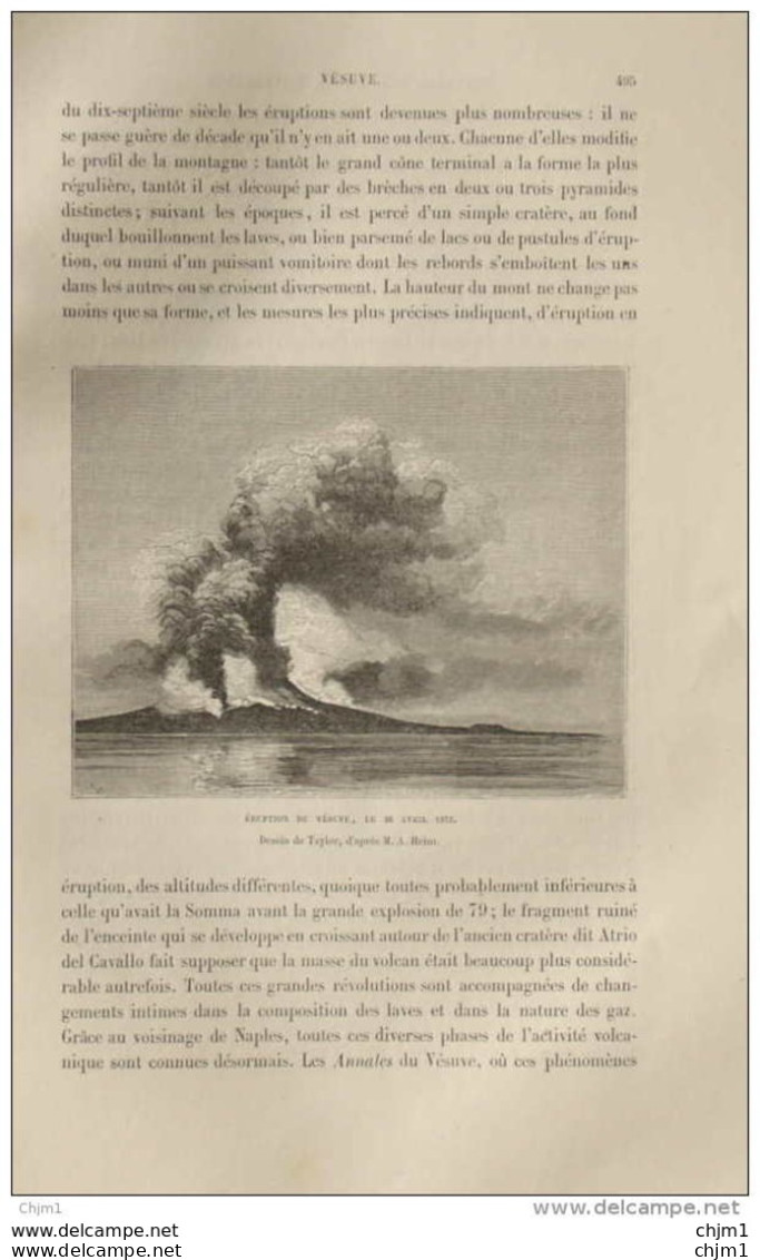 éruption De Vesuve - Dessin De Taylor -  Page Original 1876 - Documenti Storici