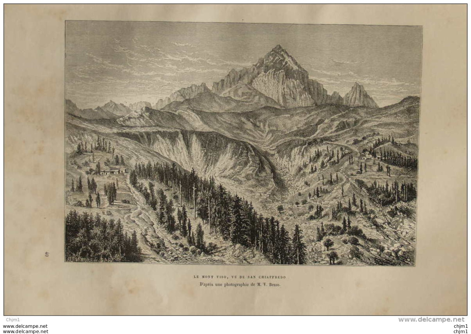 Le Mont Viso, Vue De San Chiaffredo -  Page Original 1876 - Historical Documents