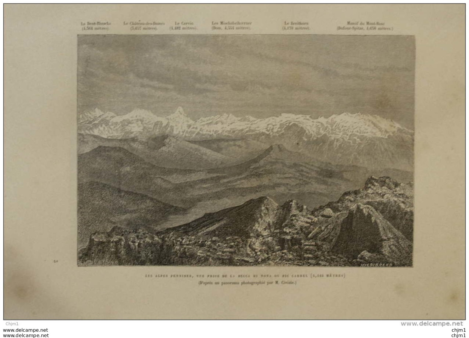 Les Alpes Pennines , Vue Prise De La Becca Di Nona Ou Pic Carrel -  Page Original 1876 - Historical Documents