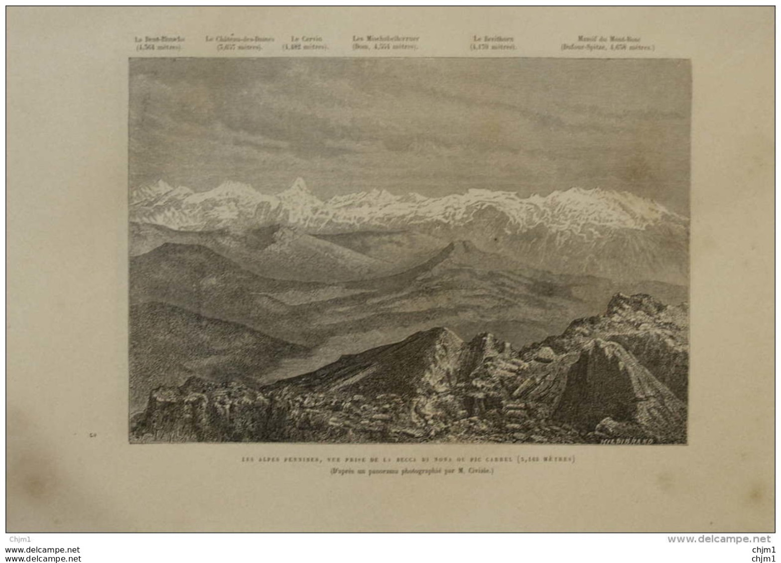 Les Alpes Pennines , Vue Prise De La Becca Di Nona Ou Pic Carrel -  Page Original 1876 - Historische Dokumente