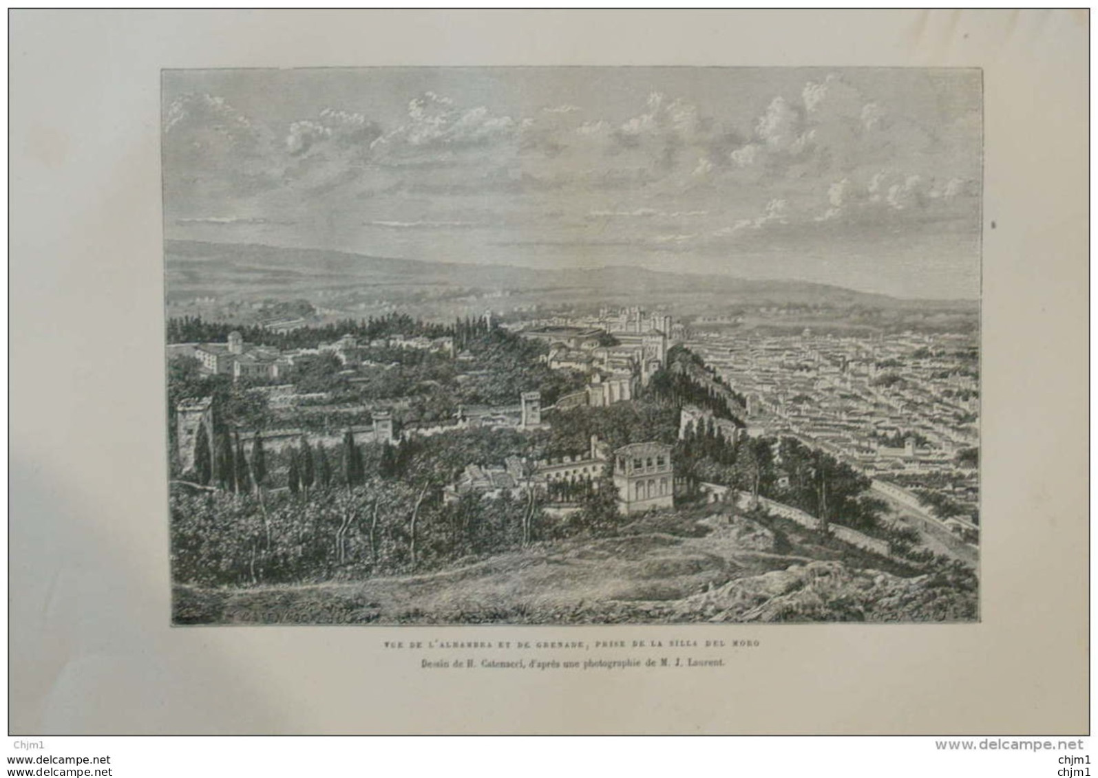 Vue De L'Alhambra Et De Grenade, Prise De La Silla De Moro -  Page Original 1876 - Historical Documents