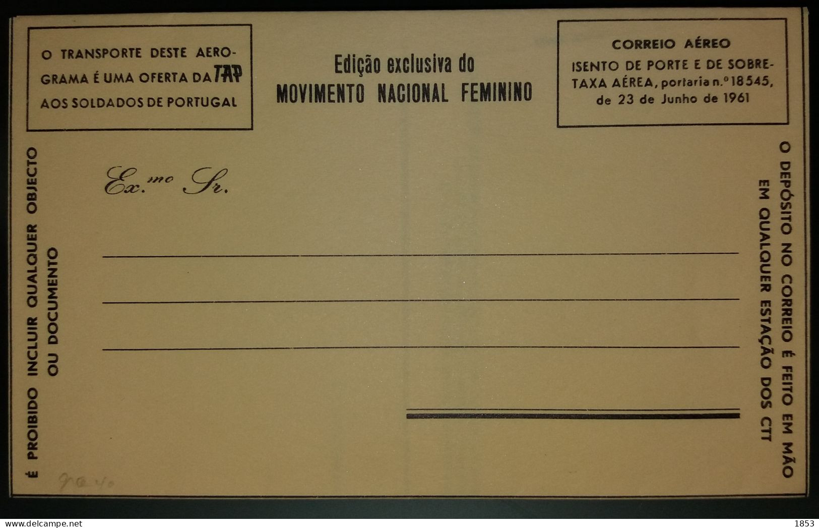 AÉROGRAMA - EDIÇÂO EXCLUSIVA DO MOVIMENTO NACIONAL FEMENINO - Lettres & Documents