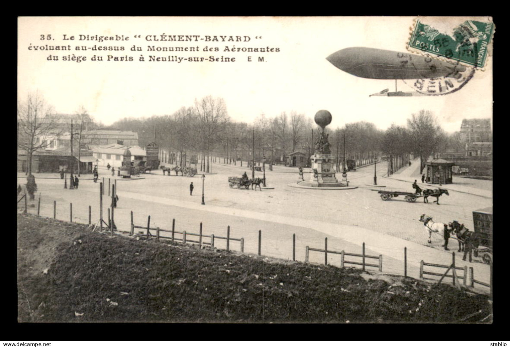 92 - NEUILLY-SUR-SEINE - DIRIGEABLE CLEMENT-BAYARD AU DESSUS DU MONUMENT DES AERONAUTES DU SIEGE DE PARIS - Neuilly Sur Seine