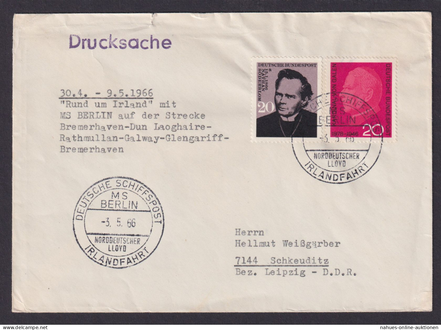 Bund Berlin Schiffspost Irlandfahrt Norddeutscher Lloyd Schkeuditz Leipzig DDR - Storia Postale
