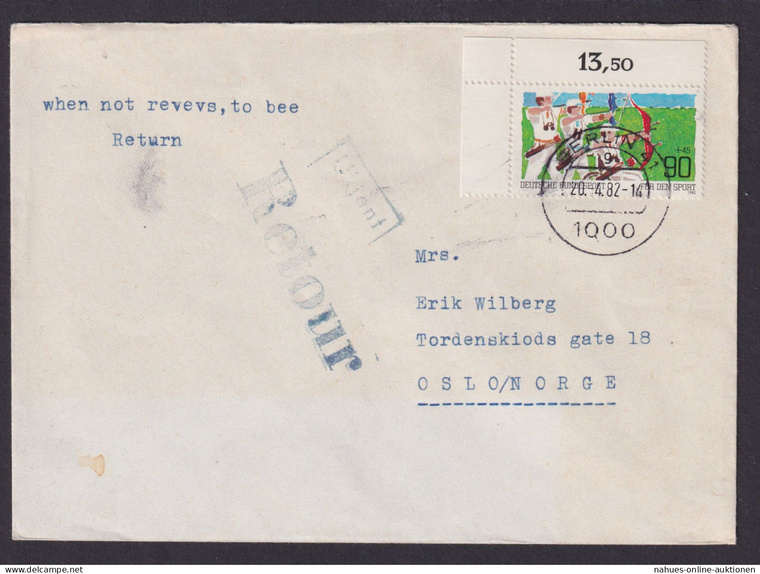 Bundesrepublik Berlin Brief Bogenecke Eckrand EF 1128 Oslo Norwegen Retour - Storia Postale