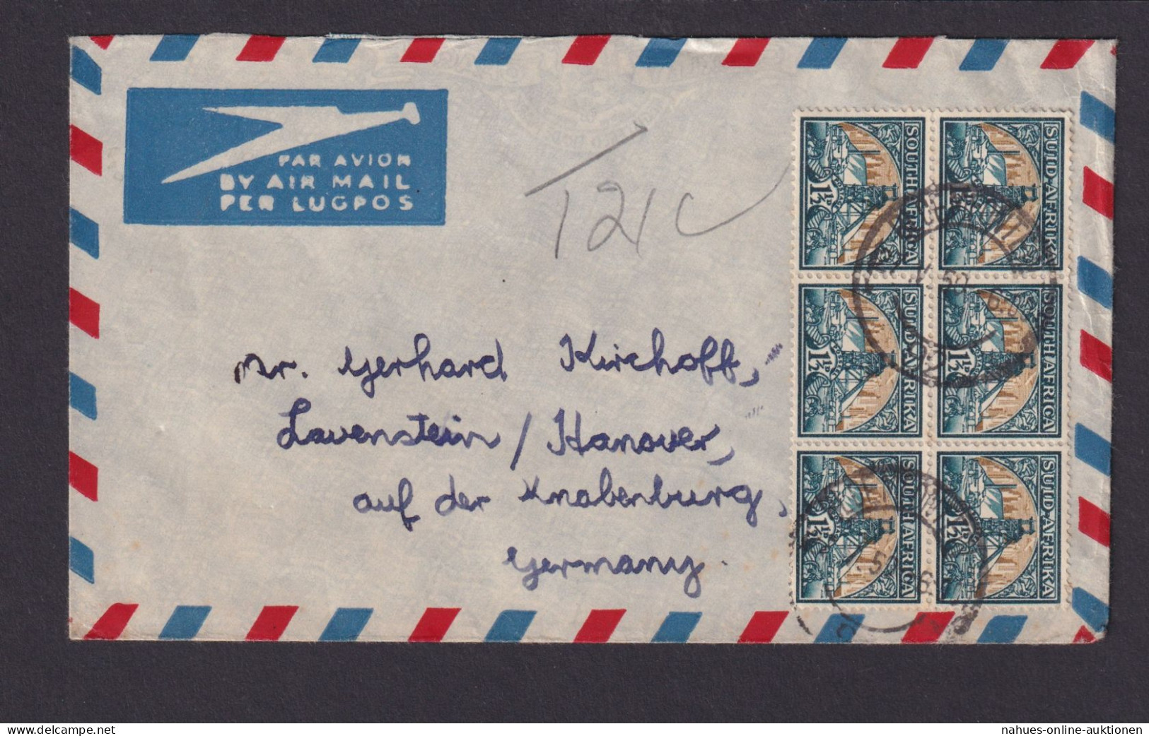 Flugpost Südafrika Brief MEF 1 1/2p 6er Block Lauenstein Hannover Knabenburg - Briefe U. Dokumente