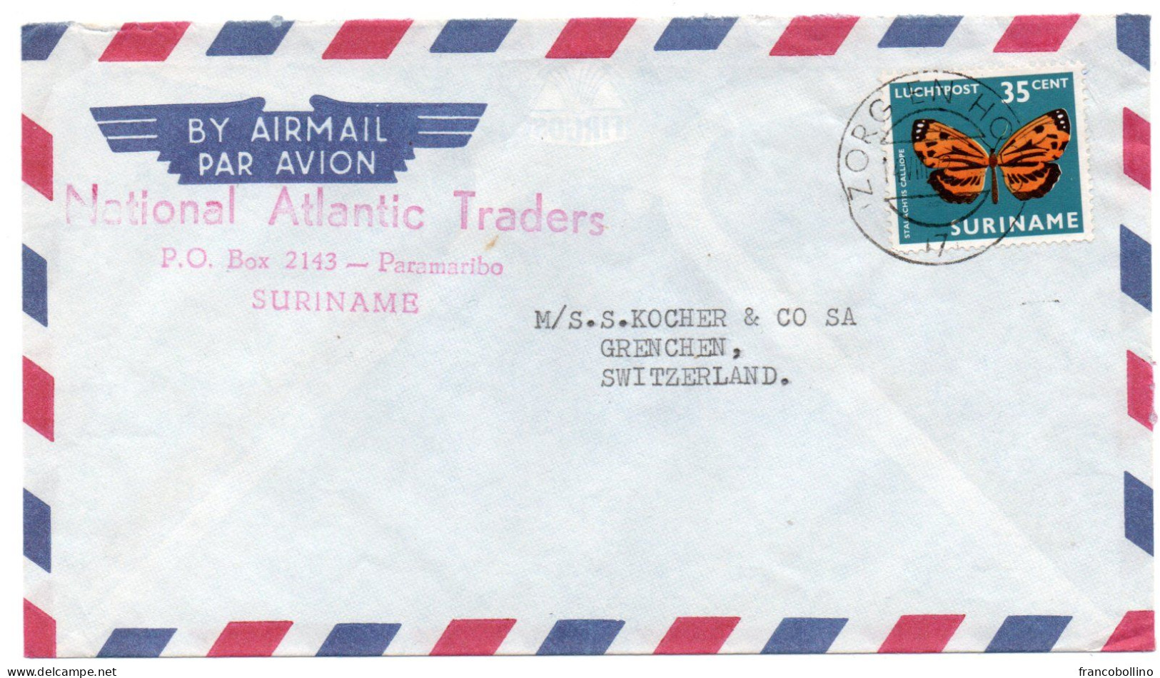 SURINAME - AIR MAIL COVER TO SWITZERLAND 1972 / THEMATIC STAMP- 35c. BUTTERFLY - Suriname