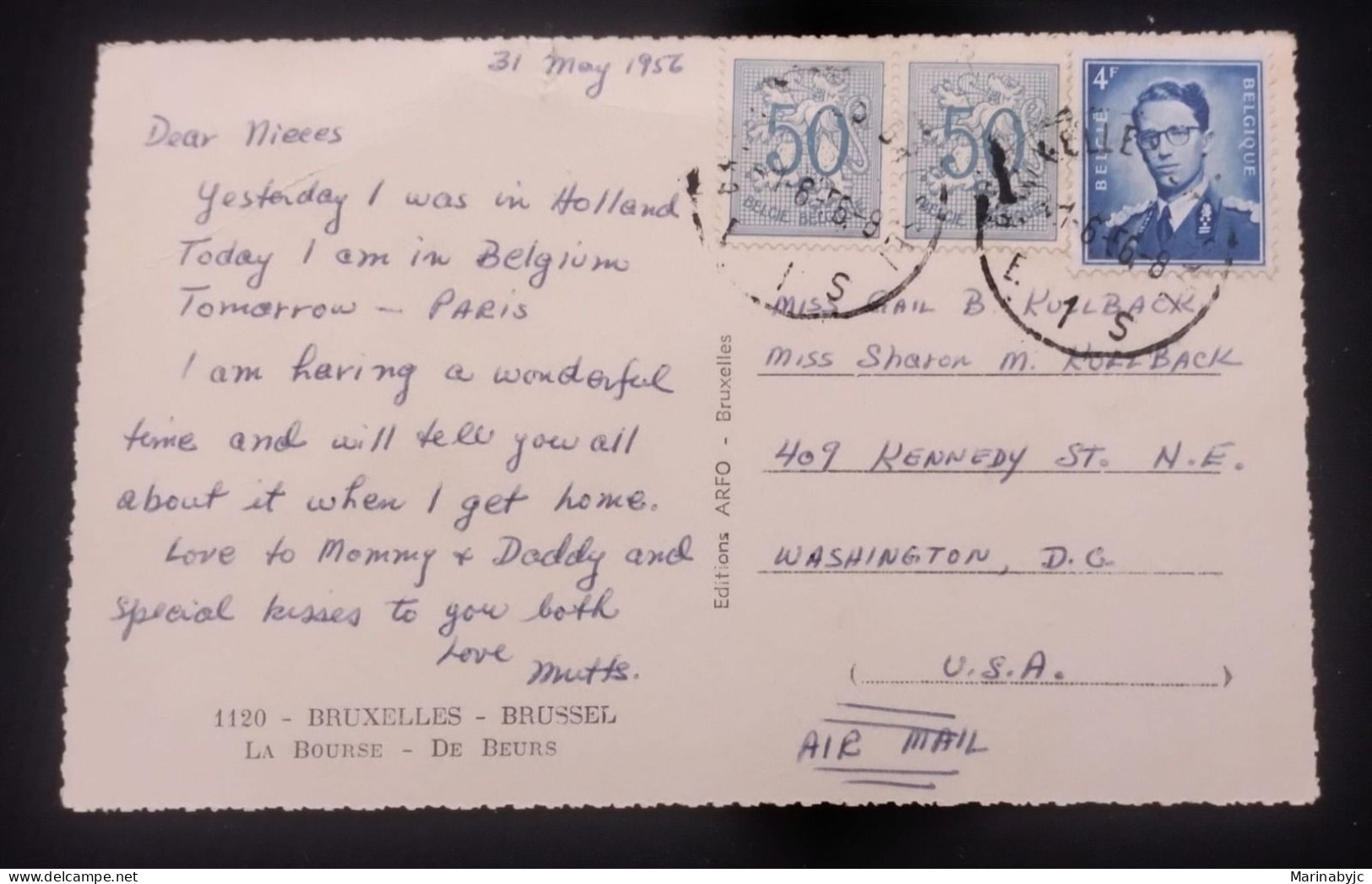 D)1956, BELGIUM, POSTCARD SENT TO U.S.A, WITH FIGURED STAMPS, BALDUINO, XF - Otros & Sin Clasificación