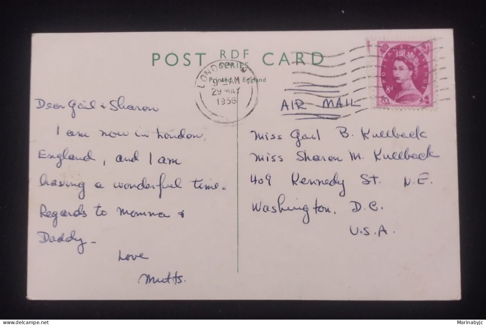 D)1956, ENGLAND, POSTCARD SENT TO U.S.A, AIR MAIL, WITH QUEEN ELIZABETH II STAMP, XF - Otros & Sin Clasificación