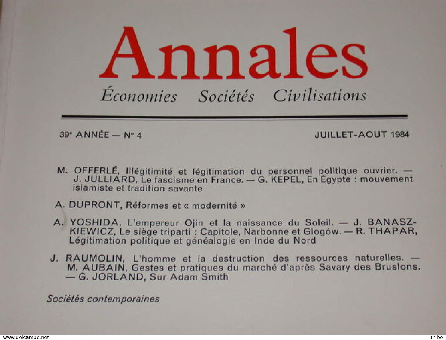 Revue "Annales" Economies Sociétés Civilisations. Juillet-Août 1984 - Sin Clasificación