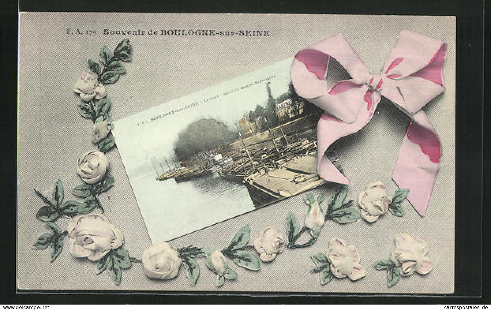 CPA Boulogne-sur-Seine, Souvenir De Boulogne-sur-Seine, Grusskarte Avec Schleife Et Des Fleurs  - Sonstige & Ohne Zuordnung