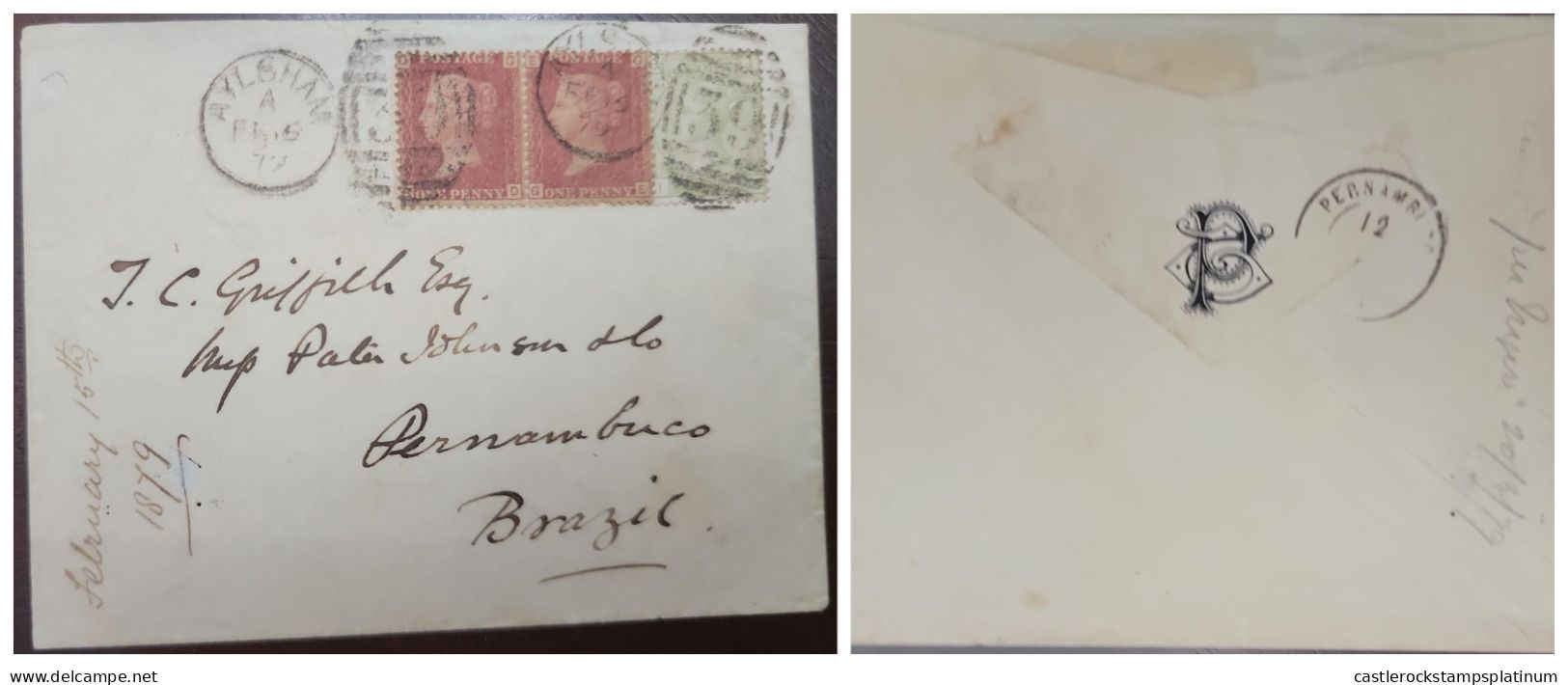 O) 1879 GREAT BRITAIN, AYLSHAM, QUEEN VICTORIA 1p, STRIP OVAL 39, CIRCULATED TO PERNAMBUCO - BRAZIL - Andere & Zonder Classificatie