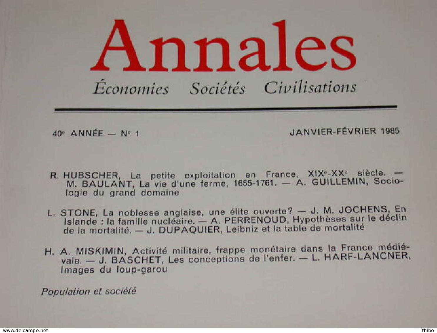 Revue "Annales" Economies Sociétés Civilisations. Janvier-Février 1985 - Non Classés