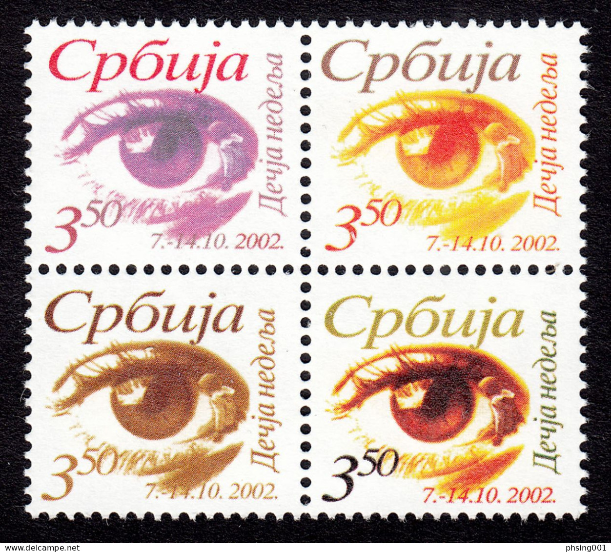 Yugoslavia Serbia 2002 Children's Week Eyes Tax Charity Surcharge, 27, 28, 37 And 38 Position In Sheet In Block Of 4 MNH - Ungebraucht