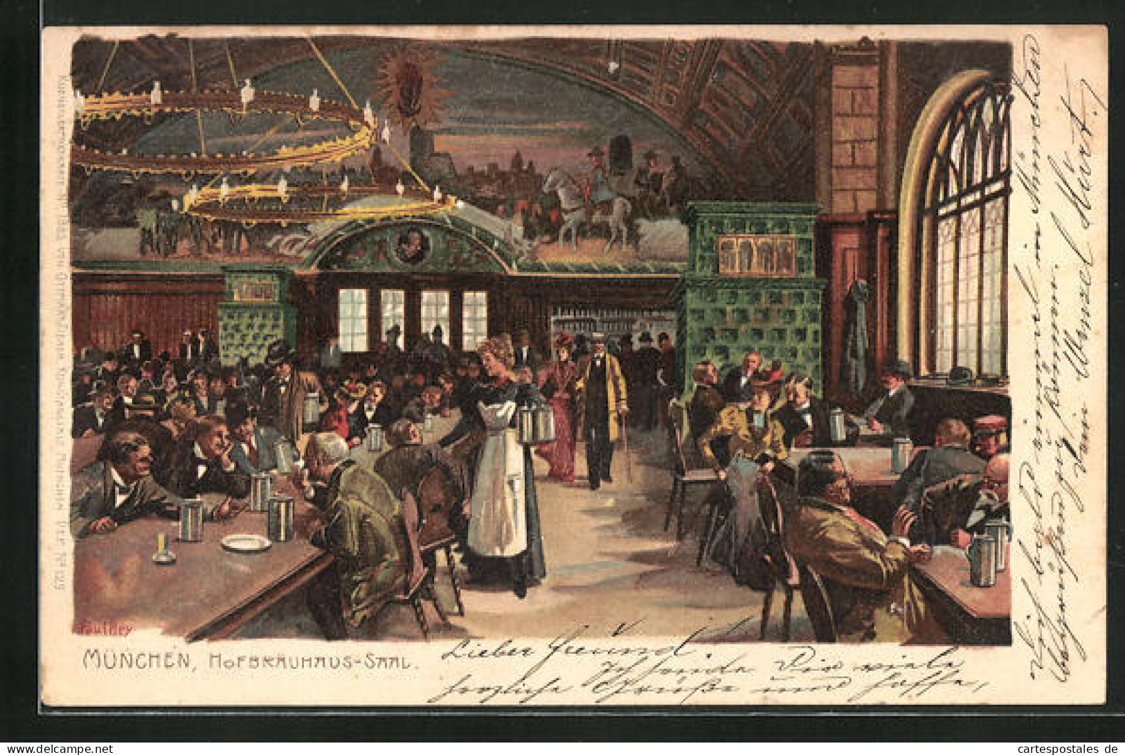 Künstler-Lithographie Paul Hey: München, Gasthof Kgl. Hofbräuhaus, Angeregte Unterhaltung Im Saal  - Hey, Paul