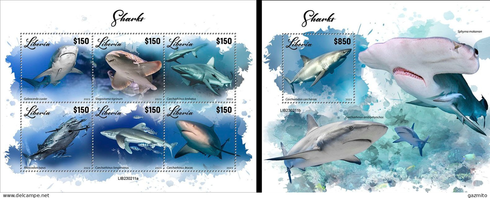 Liberia 2023, Animals, Sharks, 6val In BF +BF - Fische