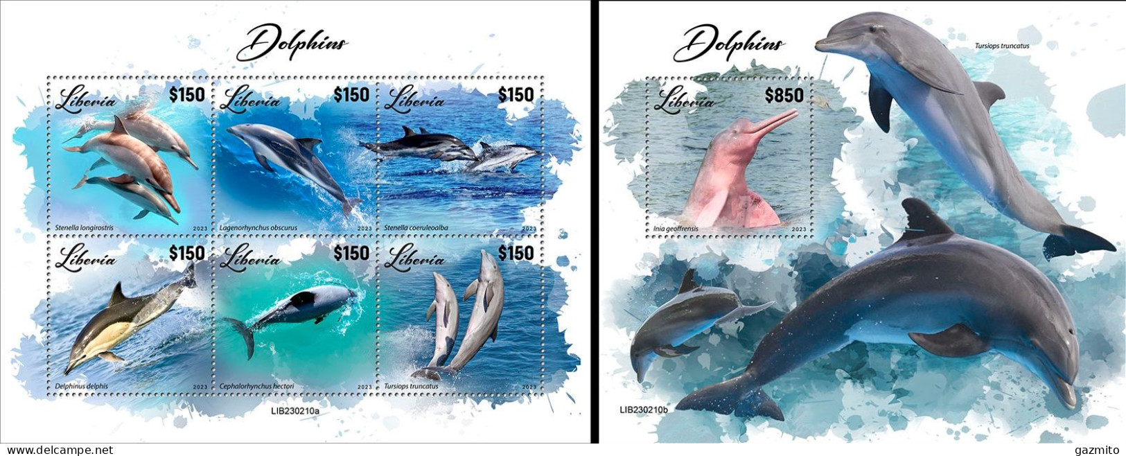 Liberia 2023, Animals, Dolphins, 6val In BF +BF - Delfines