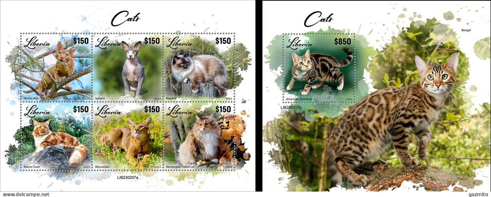 Liberia 2023, Animals, Cats, 6val In BF +BF - Domestic Cats