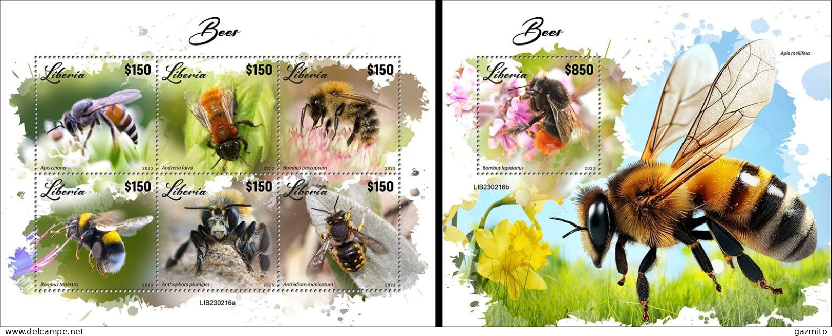 Liberia 2023, Animals, Bees, 6val In BF +BF - Honingbijen
