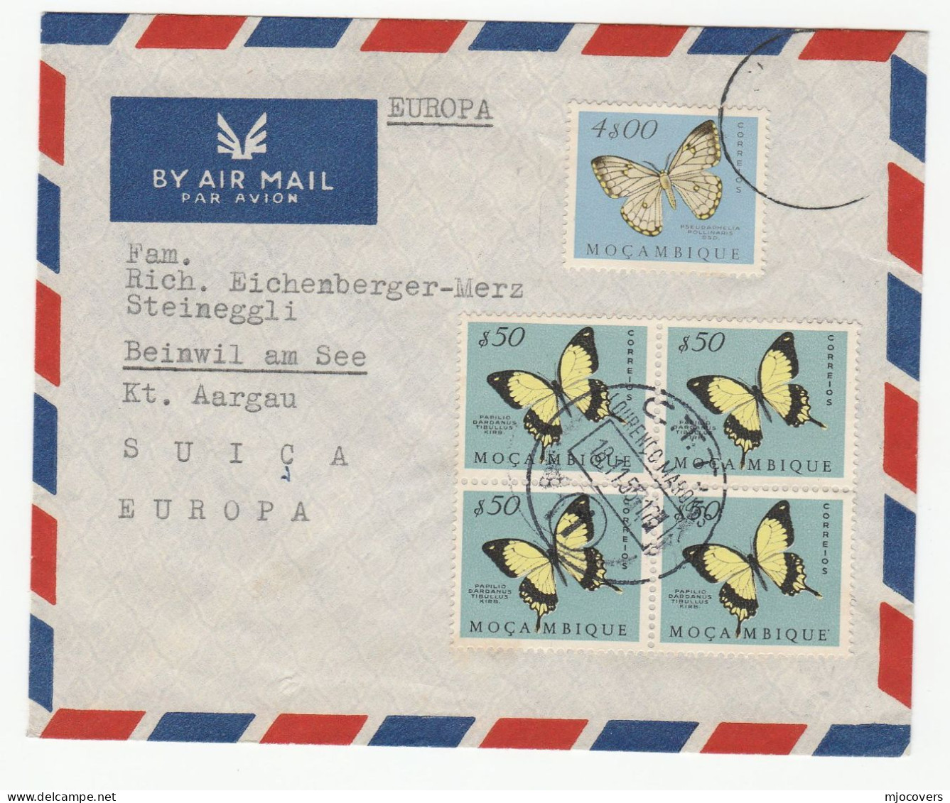 1953 MOZAMBIQUE Multi BUTTERFLY Stamps COVER Air Mail To Switzerland Insect Butterflies - Schmetterlinge