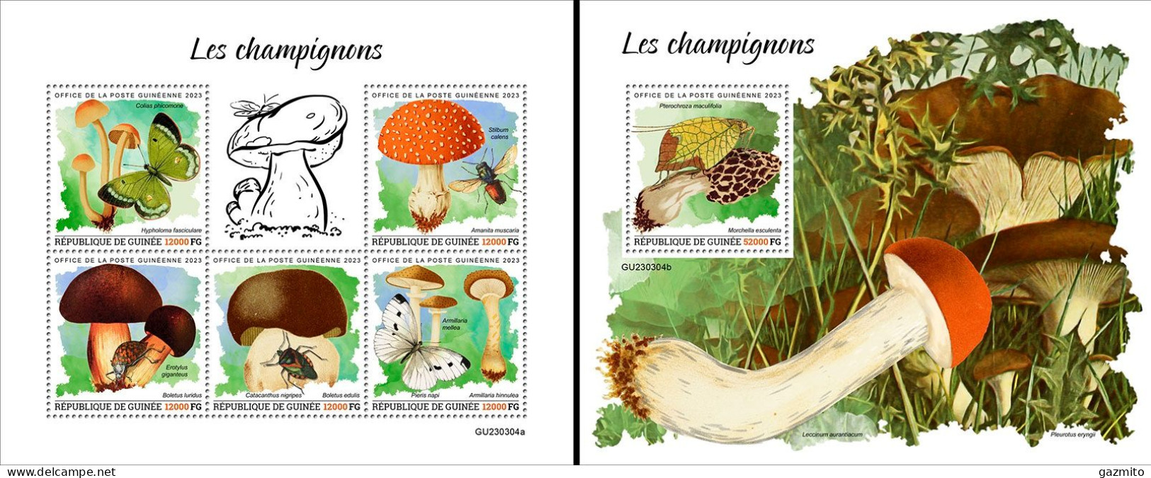 Guinea 2023, Mushrooms, Insects, Butterfly, 5val In BF +BF - Champignons