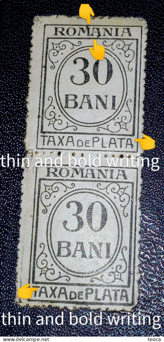 Error Romania 1918-20, Revenue Stamps Taxa De Plata 30b Printed With Thin And Bold Writing Pair, Gumm - Ongebruikt