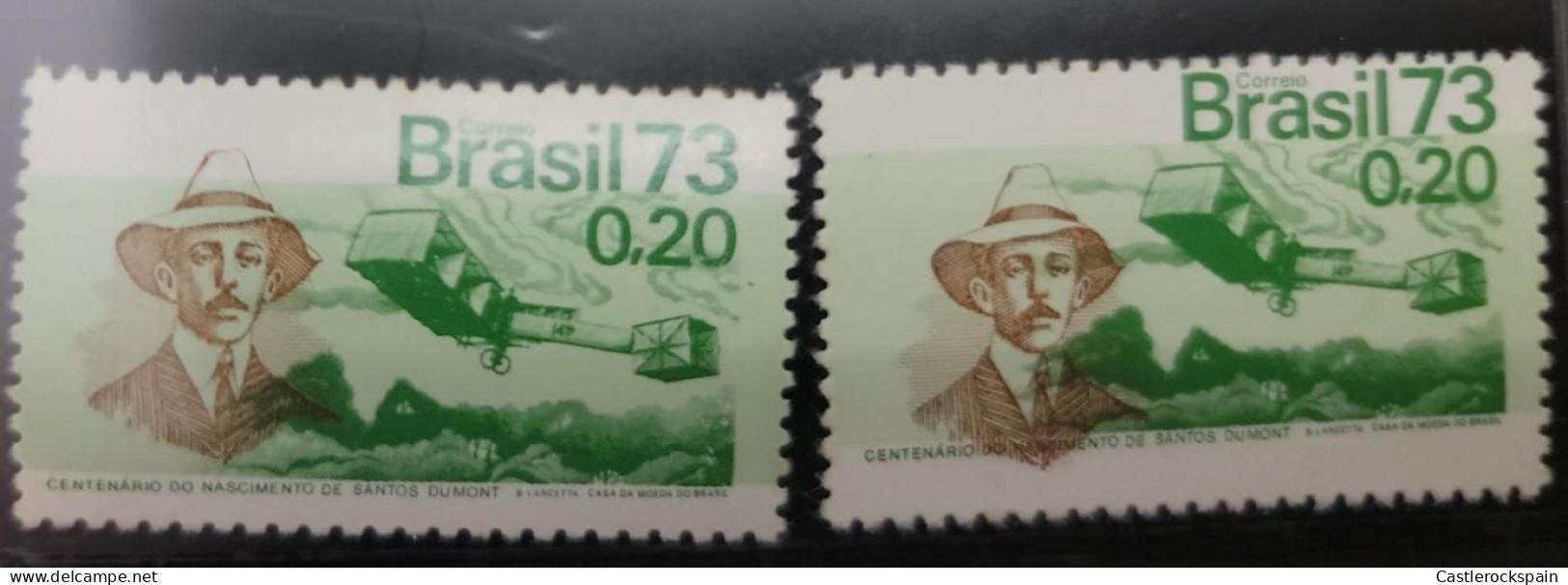 O) 1973 BRAZIL,  ERROR - RIGHT SIDE IMAGE, SANTOS DUMONT AND 14 BIS PLANE, SCT 1295 20c  Green,  ALBERTO SANTOS DUMONT - - Sonstige & Ohne Zuordnung