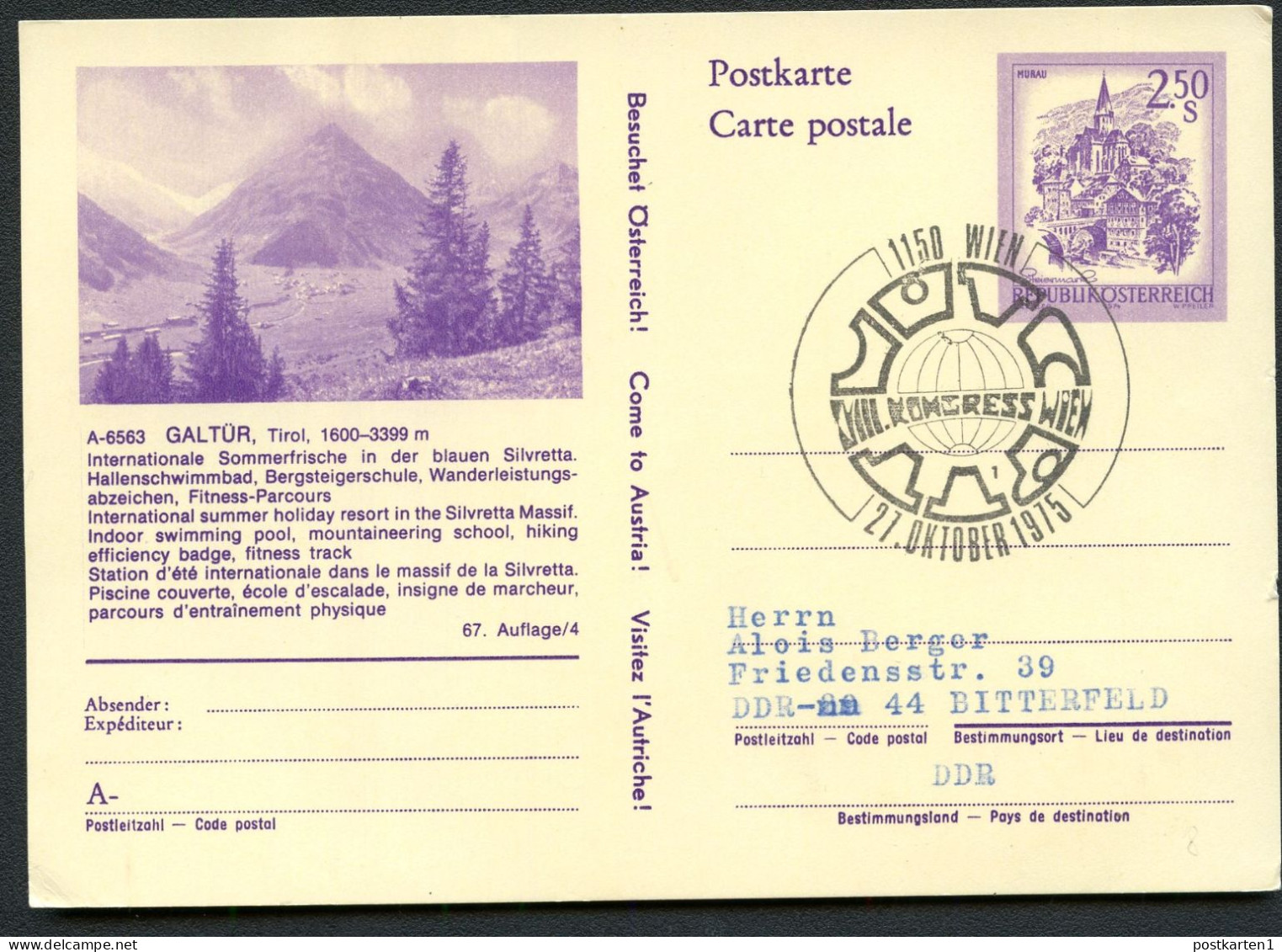 Bild-Postkarte P442-67-4 GALTÜR Sost. PTT-Kongress Wien 1975 - Cartoline